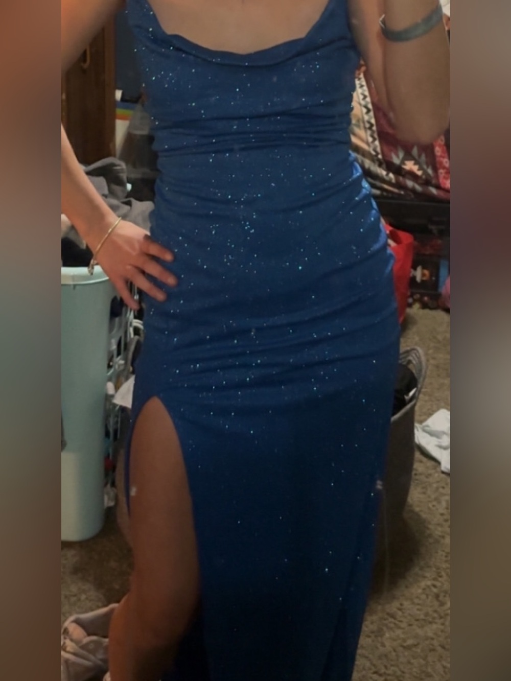 Windsor Blue Sparkle Slit Prom Dress - Picture 4 of 4